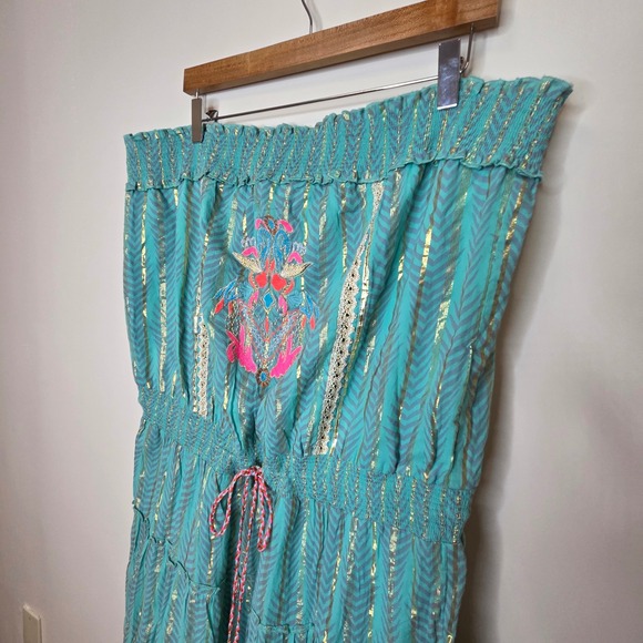 Venus Teal Gold Metallic Chevron Embroidered Strapless Tiered Maxi Dress 2X - Picture 4 of 9